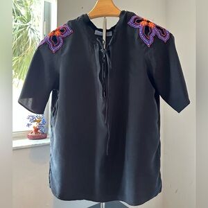 Sandro Black Short-Sleeve Blouse with Beaded Floral Shoulders